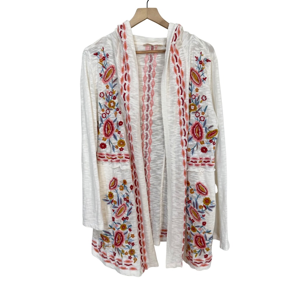 Soft Surrounds Cardigan S White Floral Embroidered Hooded Open Front 2DF75